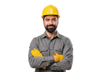 Bearded construction worker wearing a yellow hard hat and grey work shirt with arms crossed and yellow gloves isolated on transparent background