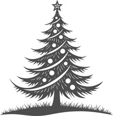 A stylized Christmas tree silhouette is centered against a stark white background. The tree is a dark gray color, showcasing a classic evergreen shape, with evenly spaced branches. Small, white circul