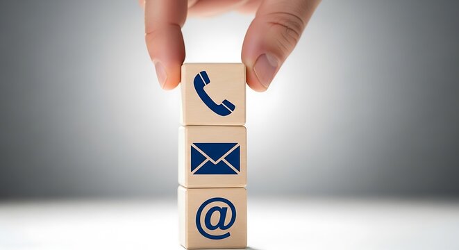 Contact us with phone, email, or social media icons on wooden blocks background - Powered by Adobe