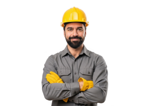 Bearded construction worker wearing a yellow hard hat and grey work shirt with arms crossed and yellow gloves isolated on transparent background
