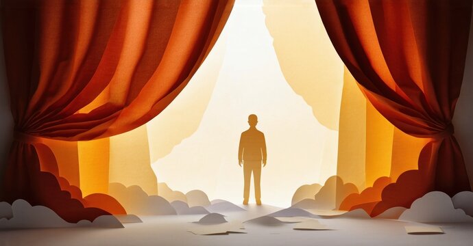 Papercraft stage setup features lone figure illuminated center. Dramatic lighting, warm tones create theatrical mood. Simple, stylized design.