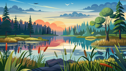 Very beautiful view from Seney National Wildlife Refuge in Michigan’s Upper Peninsula, featuring calm wetlands, reflective water pools, tall grasses, scattered pines, and a realistic serene northern 