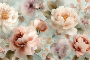 Delicate and romantic seamless pattern with peonies in soft pastel colors
