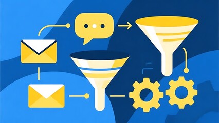 Abstract illustration of automated marketing workflow — email icons, chatbot bubbles, funnel shapes, gears connecting different digital tools, clean .