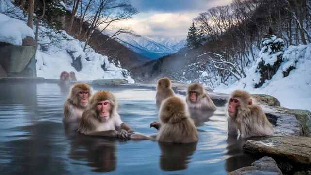Snow Monkeys Relaxing in a Natural Hot Spring Surrounded by Snowy Mountains and Winter Forest Landscape Under a Cloudy Sky