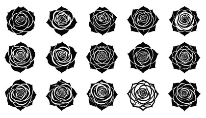 Set of black and white rose silhouettes in different shapes and designs