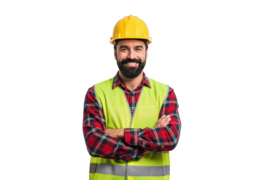 Smiling construction worker with beard wearing yellow hard hat and safety vest arms crossed isolated on transparent background
