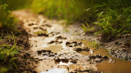 Fototapeta premium Wet paw prints on a muddy trail surrounded by green grass. The scene captures the essence of nature and outdoor exploration.