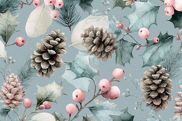 Elegant and chic watercolor Christmas seamless pattern with charming pine cones and holly leaves and delicate pale pink berries