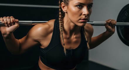 Determined female athlete performing barbell squats. Intense weightlifting for strength and conditioning. Muscular woman focused on her fitness goals. Personal training and gym workout concept