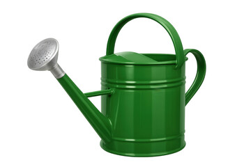 Green metal watering can with a silver sprinkler, providing essential hydration for garden plants and growing flowers