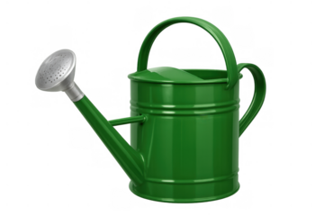Green metal watering can with a silver sprinkler, providing essential hydration for garden plants and growing flowers