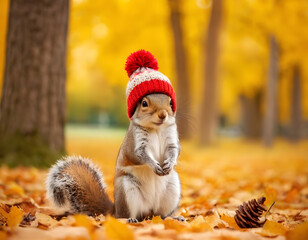 Obraz premium Fall season card with a cute squirrel with a knitted hat on a blurred autumn park landscape background with copy space. Autumn character. Funny forest illustration. 