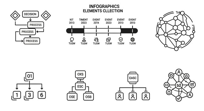 Collection of infographic elements including flowcharts, timelines, network diagrams, and organizational charts.