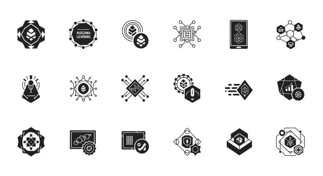 A collection of black glyph icons representing blockchain, cryptocurrency, and fintech concepts.