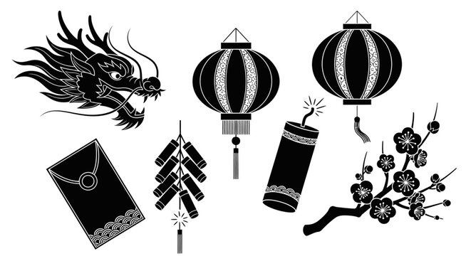 Chinese New Year themed black and white vector illustration.