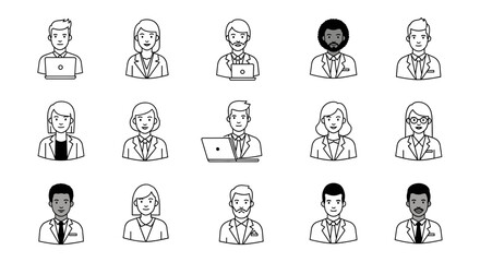Fototapeta premium A collection of diverse business people icons, showcasing various professions and demographics in a clean, modern style.