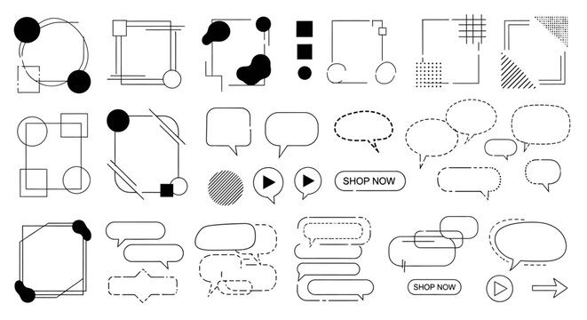 A collection of diverse graphic design elements including speech bubbles, frames, and geometric shapes for digital use. - Powered by Adobe