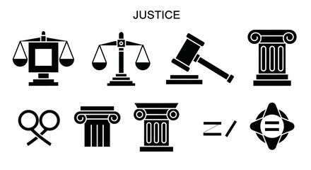 Obraz premium A collection of black silhouette icons representing justice, law, and legal concepts on a white background.