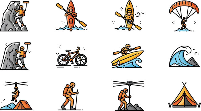 Vibrant icons depict thrilling outdoor adventure and extreme sports activities.