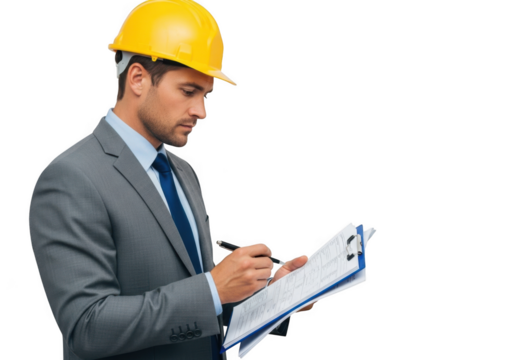 Professional construction manager wearing a grey suit and blue tie with a yellow hard hat reviewing documents on a clipboard isolated on transparent background