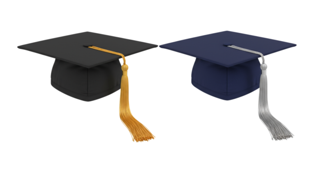 Graduation caps and mortarboards collection isolated on transparent background