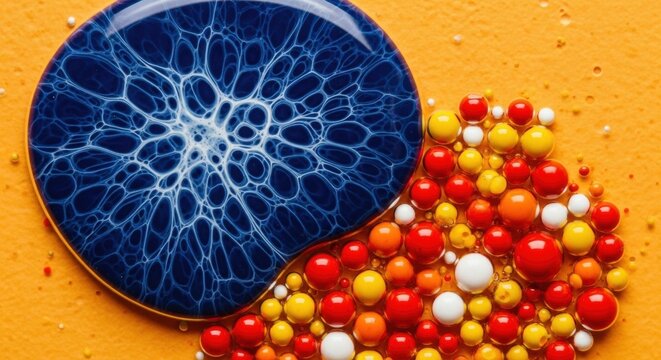 Abstract macro of colorful ink bubbles in oil. Scientific visualization of a complex network. Molecular biology concept with vibrant spheres. Creative fluid art for design and science