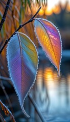Colorful frosted leaves hanging on branch near water in autumn  