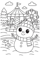 coloring book snowman at winter carnival with ferris wheel and tent