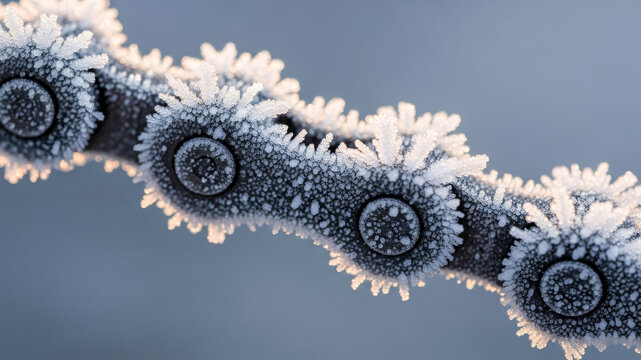 Icy bicycle chain frozen winter detail close-up of metal links covered in frost, concept of cold weather and cycling