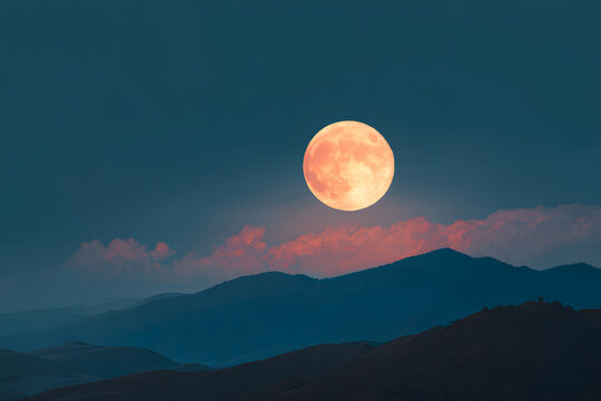 a full moon is seen over a mountain range