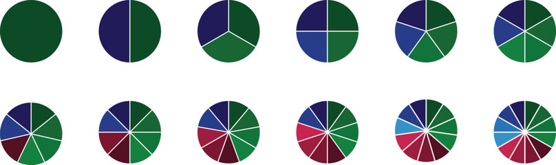 Pie charts diagram set.  Different color circles isolated. Circle section graph. Circle pie charts 1,2,3,4,5,6,7,8,9,10,11,12 sections.