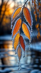 Autumn leaves with frost and drops of water hanging near water  