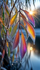Colorful frost-covered leaves illuminated by the morning sun  