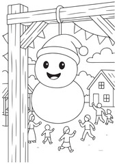 coloring book snowman greeting children at winter festival gate