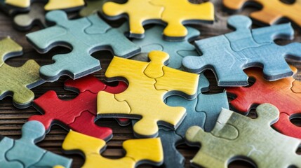 Colorful jigsaw puzzle pieces scattered on a wooden surface. Various shapes and colors including blue, yellow, red, and green. Ideal for games and leisure concepts.