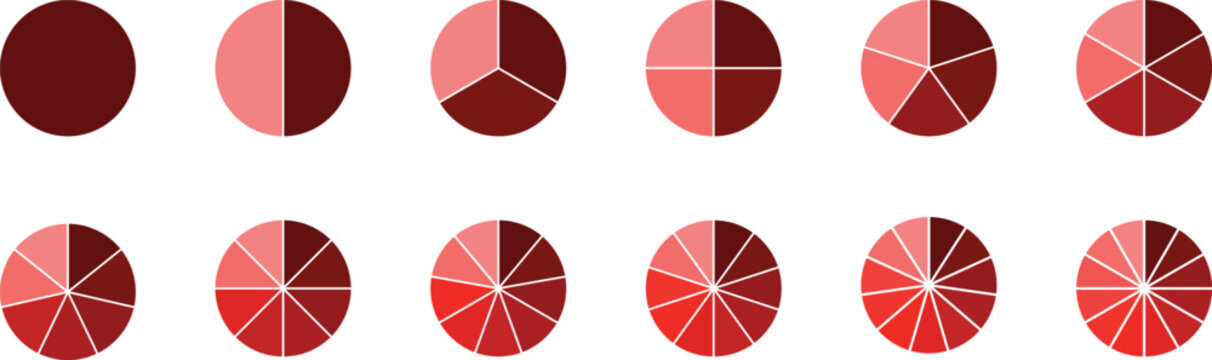 Pie charts diagram set.  Different color circles isolated. Circle section graph. Circle pie charts 1,2,3,4,5,6,7,8,9,10,11,12 sections.
