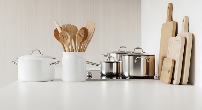 A collection of modern kitchenware including pots, pans, and wooden utensils on a countertop background