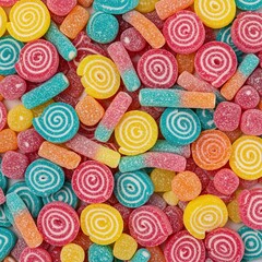 Colorful assortment of sugary birthday treats, including hard candies, gummies, and spirals, scattered for a festive party backdrop ,jelly ,drop ,hard