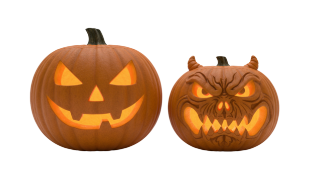 Set of carved Halloween pumpkins isolated on transparent background
