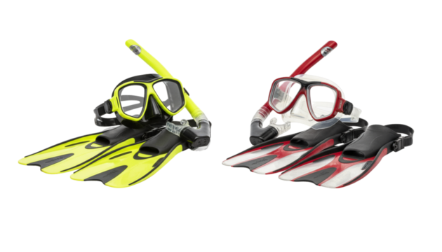 Set of colorful snorkel masks and tubes isolated on transparent background