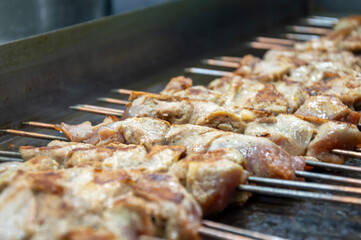 Juicy pieces of meat marinated and skewered are cooking on a grill, filling the kitchen with savory aromas and energy during dinner service
