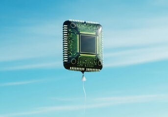 Microprocessor chip balloon floating in the blue sky. Concept for cloud computing, data processing, and technological freedom.