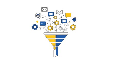 Abstract illustration of automated marketing workflow — email icons, chatbot bubbles, funnel shapes, gears connecting different digital tools, clean .