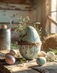 Rustic weathered wooden egg centerpiece with wildflowers on wooden table in sunlight