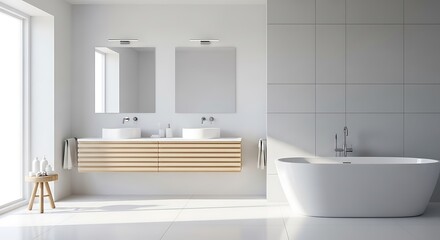 Modern minimalist bathroom with double vanity, bathtub, and large window background