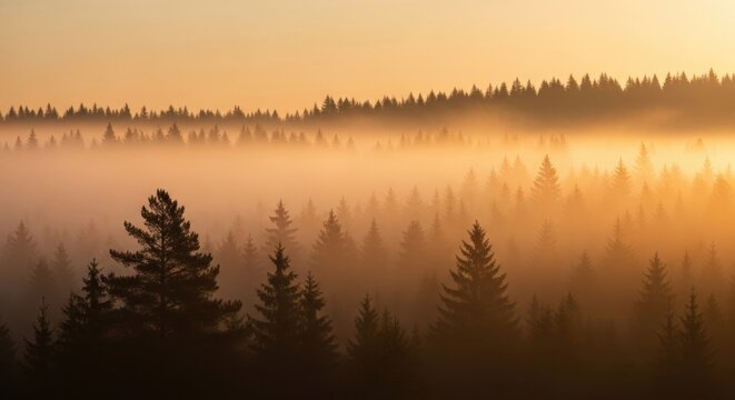 Misty pine forest landscape at sunrise. Golden morning light glowing through dense fog. Layered tree silhouettes creating a scenic panorama. Natural wilderness for travel inspiration