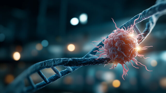 DNA strand and cancer cell 3D rendering faceless oncology research visualization slightly defocused molecular background scientific concept genetic research illustration medic