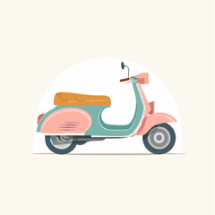 Pastel retro scooter illustration with turquoise body pink accents orange seat on light background