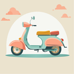Pastel vintage scooter illustration featuring a pink turquoise body and retro styling